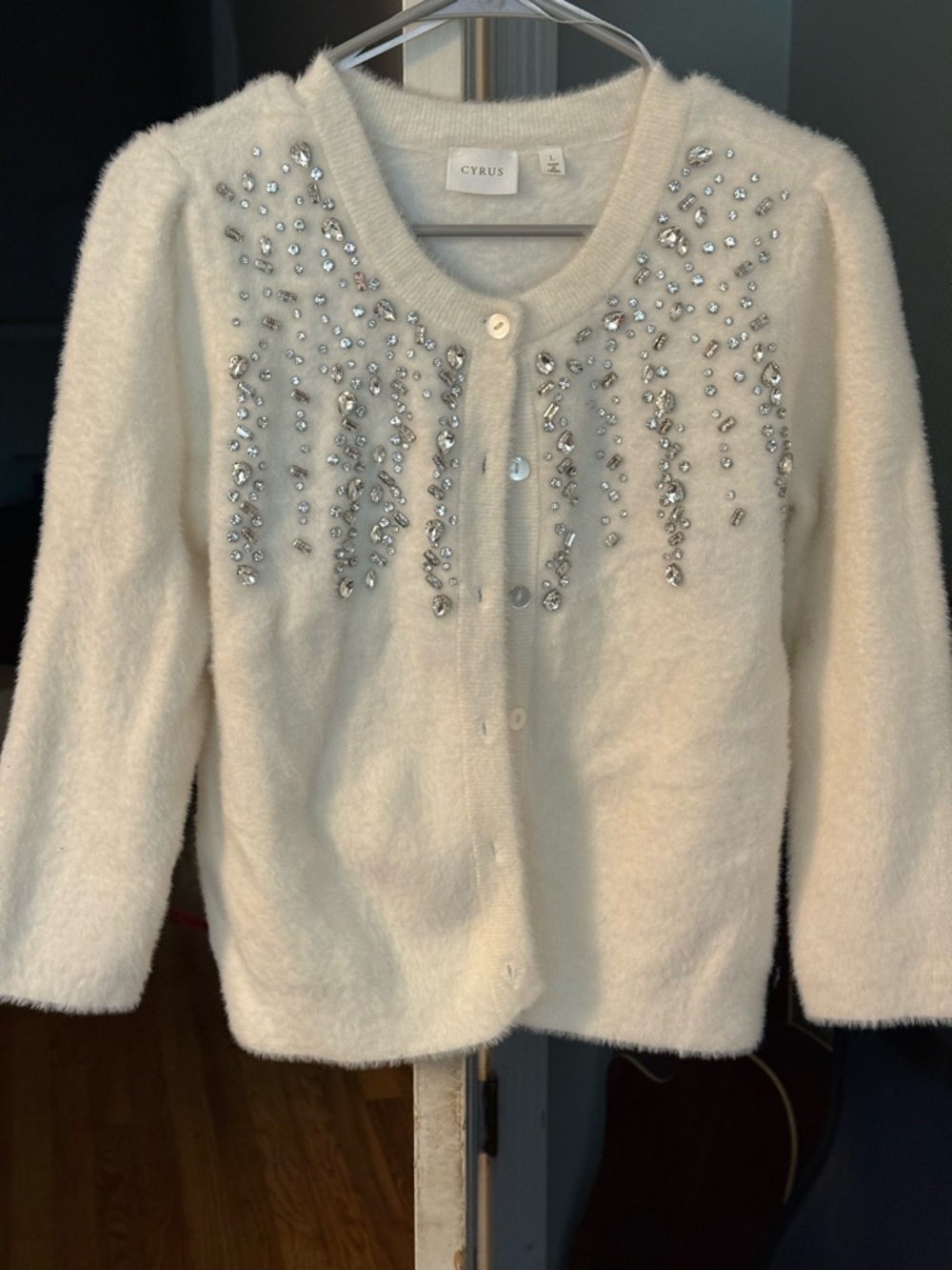 Cyrus Ivory Crystal-Embellished Fuzzy Cardigan